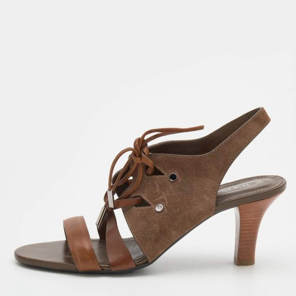 Tod's Brown Leather and Suede Lace Up Slingback classic luxury Sandals Size 8